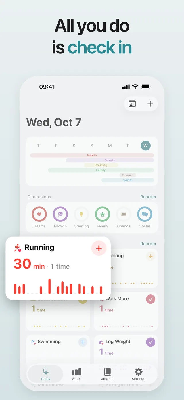 All you do is check in: the Today screen, with the Running card lifted out.