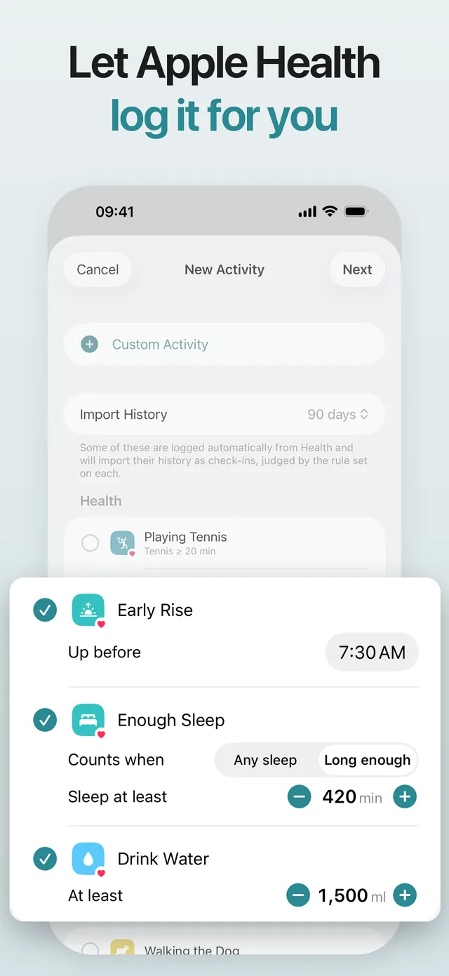 Let Apple Health log it for you: starter activities with their rules set.