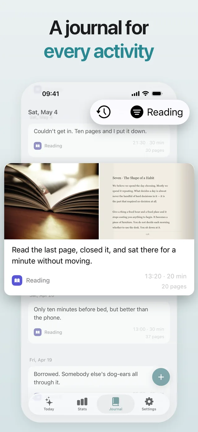 A journal for every activity: notes and a photo under Reading.