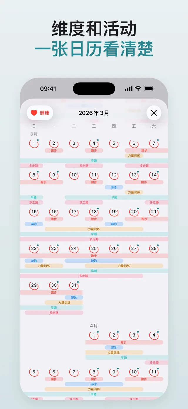维度和活动，一张日历看清楚：选中一个维度后的月历。